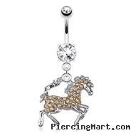 Horse with Peach Tone Paved Gems Dangle Surgical Steel Navel Ring