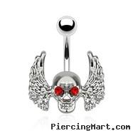 Skull with Red Gem Eyes And Angel Wings Surgical Steel Navel Ring