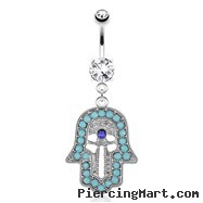 Hamsa with Paved TurquoiseAnd Blue Center CZ Dangle Surgical Steel Navel Ring