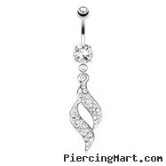 Swirl Design with Paved Gems Dangle Surgical Steel Navel Ring