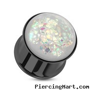 Pair Of Synthetic Opal Black IP Double Flared Plugs Surgical Steel