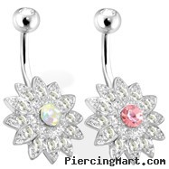 Paved Gems Flower with Center CZ Surgical Steel Navel Ring
