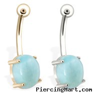 14K Gold Belly Ring with Natural Larimar
