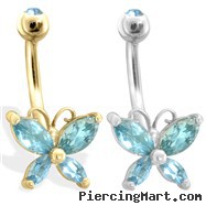14K Gold Butterfly Belly Ring, Aquamarine