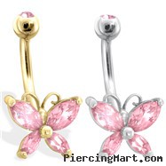 14K Gold Butterfly Belly Ring, Pink