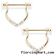 Chic 14K Gold Dangling Nipple Ring with Clear Gems, 14 Ga