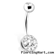 Belly Ring With Gem Paved Bottom Dome Ball And Gem Set Top Ball, 14 GA