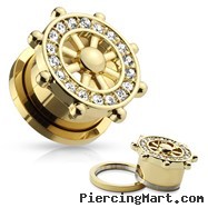 CZ Paved Yacht Wheel Top Gold IP Over 316L Surgical Steel Screw Fit Flesh Tunnels; PAIR