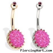 14K Gold Belly Ring With Pink Druzy And Pink Gem Ball