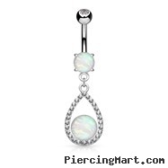 White Opal Center Crystal Paved Tear Drop Dangle Belly Button Ring