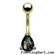Navel Ring With Synthetic Dark Green Teardrop Opal