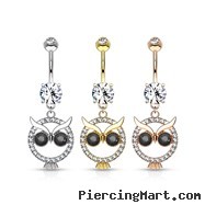 Navel Ring With Dangling Jeweled Owl