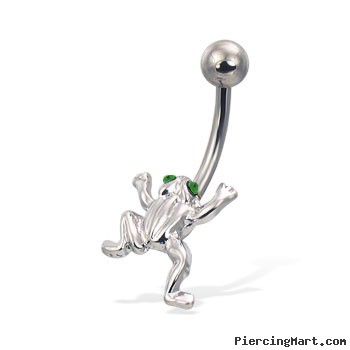 Frog belly button ring with green jeweled eyes