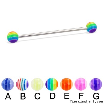 Long barbell (industrial barbell) with acrylic layered balls, 14 ga