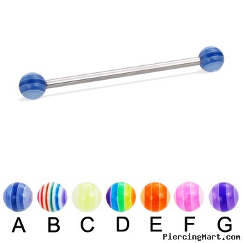 Long barbell (industrial barbell) with acrylic layered balls, 12 ga