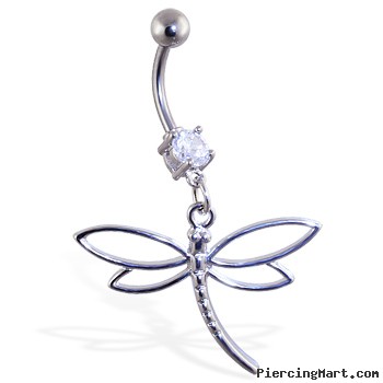 Navel ring with dangling steel dragonfly with hollow wings