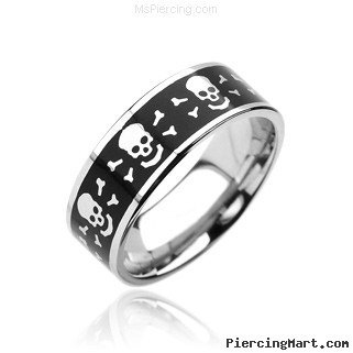 316L Surgical Stainless Steel Rings. Black with Laser Engraved Skull with bones