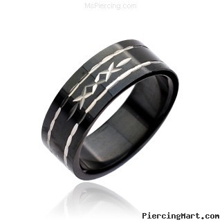 316L Stainless Steel Ring. Black W/ Tribal Pattern