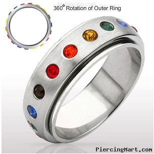 Gay Pride Surgical Steel Spinning Ring with Gem