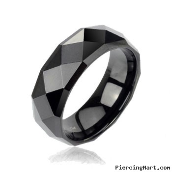 Black faceted tungsten carbine ring with drop down edges