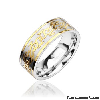 316L Stainless Steel with Tribal Gold Engraved Ring