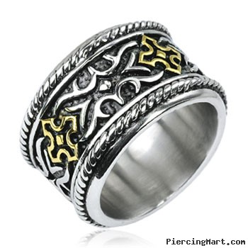 316L Stainless Steel Gold IP Cross Knight Armor Wide Ring
