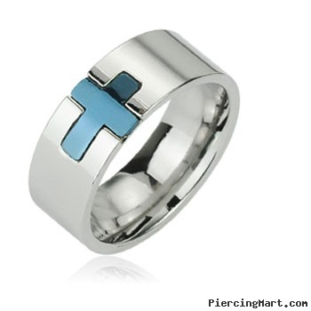 316L Stainless Steel Ring with Blue IP Cross
