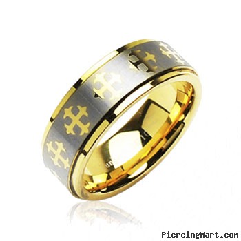 Tungsten Carbide PVD Gold and Brushed Ring with Cross Decorations