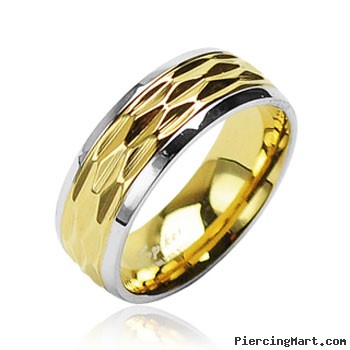 316L Surgical Stainless Steel Rings W/ Patterned Gold Tone Center And Shiny Finish Steel Edges