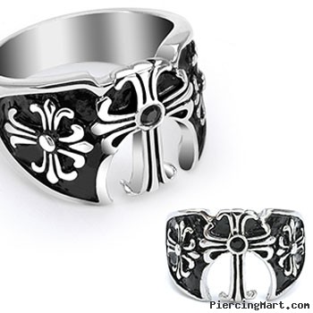 316L Surgical Steel Ring with Three Medieval Cross with a Black Gem