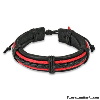 Black Leather Bracelet With Black & 2 Red Braids