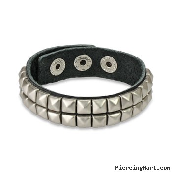 Black Leather Bracelet with Double Row Pyramid Studs