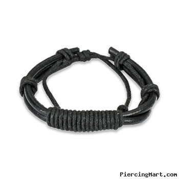 Black Leather Bracelet With Long Shocker Tie Knots