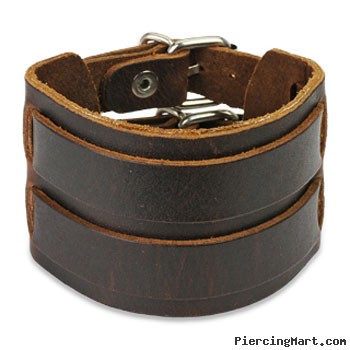 Brown Leather Bracelet With Double Strap Belt Buckle