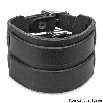 Black Leather Bracelet with Double Strap Belt Buckle