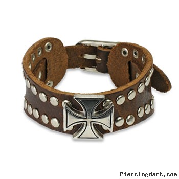 Brown Leather Bracelet With Celtic Cross And Multi Dome Studs