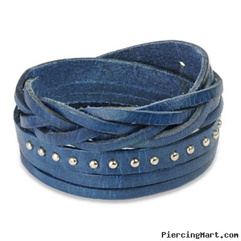 Blue Leather Multi-Wrap Bracelet With Multi Studded Weaved End Design