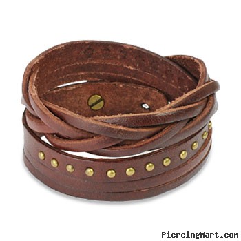 Brown Leather Multi-Wrap Bracelet With Multi Studded Weaved End Design