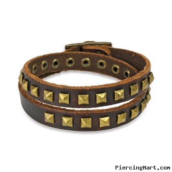 Brown Leather Double Wrap Bracelet With Pyramid Studs