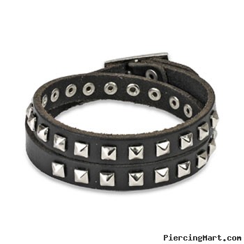 Black Leather Double Wrap Bracelet With Pyramid Studs