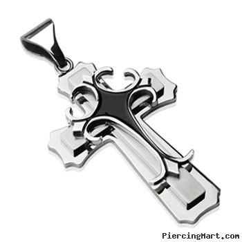 Stainless Steel Double Cross w/ Black Epoxy Gothic Top Cross Pendant