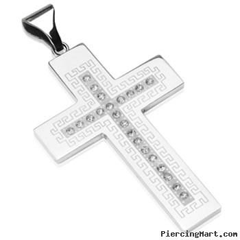 Large Stainless Steel Gem Paved Roman Patterned Cross Pendant