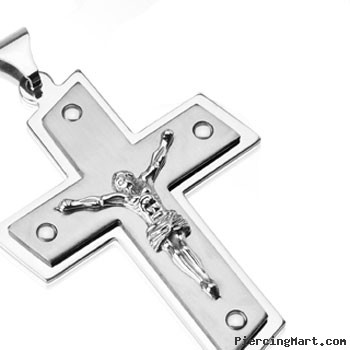 Large Stainless Steel Double Tier Jesus Christ Cross Pendant