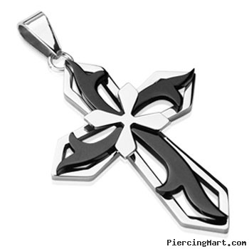 316L Stainless Steel with Tribal Black PVD Cross on Cross Pendant