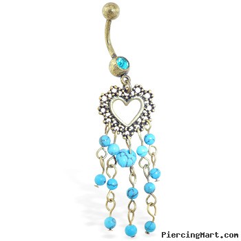 Antique navel ring with dangling heart and Turquoisechandelier