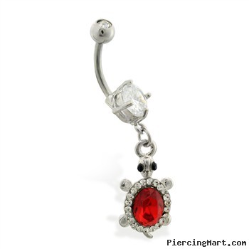 Jeweled belly ring with dangling jeweled turtle with large red gem