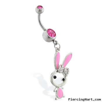 Belly ring with dangling jeweled pink bunny