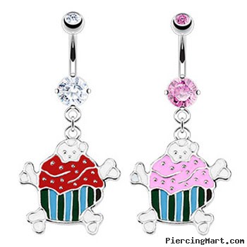 Jeweled belly ring with dangling cupcake and crossbones