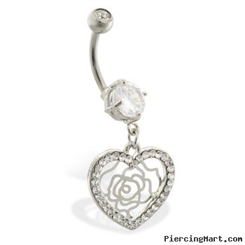 Belly ring with dangling jeweled heart and rose outline