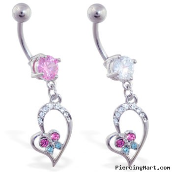 Navel ring with dangling jeweled heart and colorful butterfly